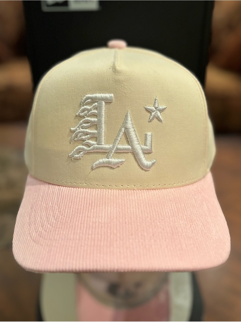 LA Dodgers Cream & Pink Corduroy Visor SnapBack Hat